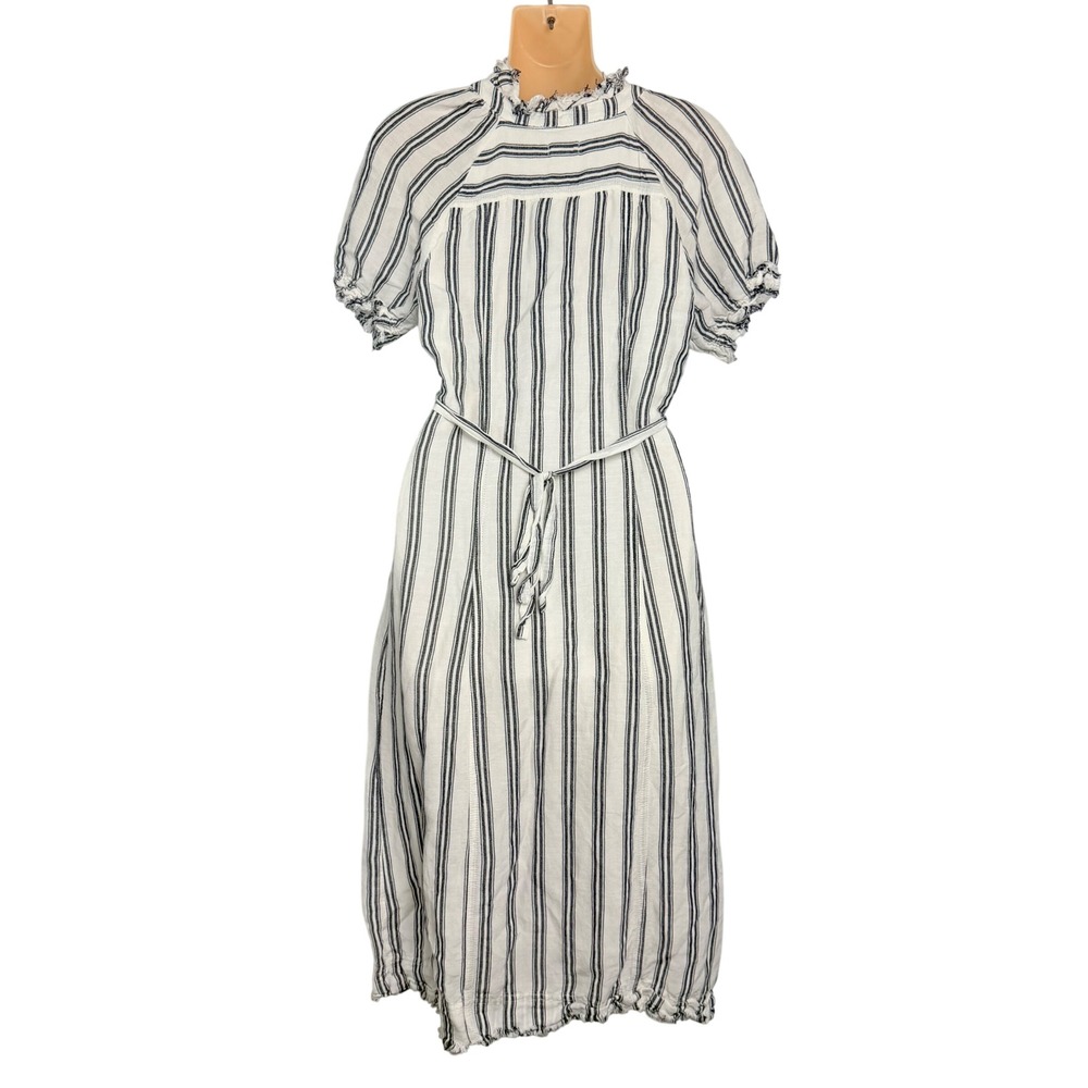Pilcro Anthropologie Striped Linen Ruffle Button Front Midi Dress White Blue 6 - Picture 3 of 13